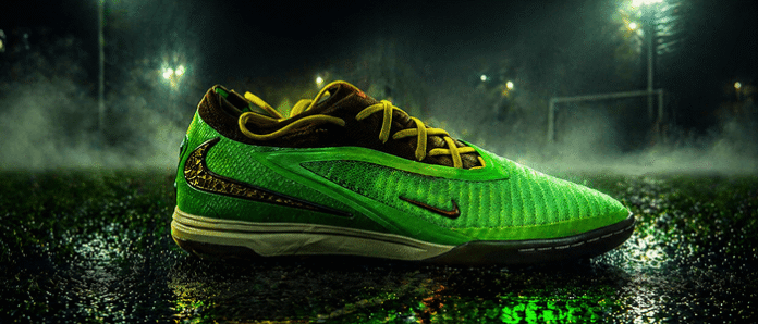 Travis Scott Nike Phantom 6 Low Elite Cactus Jack cleat in green and gold colorway