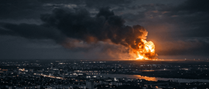 Drake Toronto explosion music video fireball lighting up night sky over the city during controlled shoot