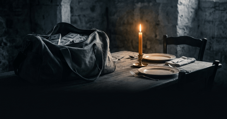 A duffel bag of cash beside an empty dinner table representing the DJ Akademiks Drake dinner choice