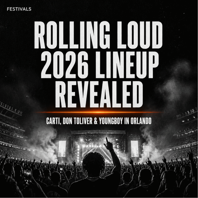 Rolling Loud 2026 lineup poster with Playboi Carti, Don Toliver, and NBA YoungBoy at Camping World Stadium Orlando