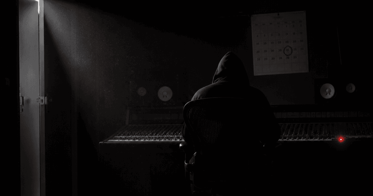 Dark empty studio control room lit by one red lamp, illustrating Lil Pump 3 delayed past its August 2026 release date