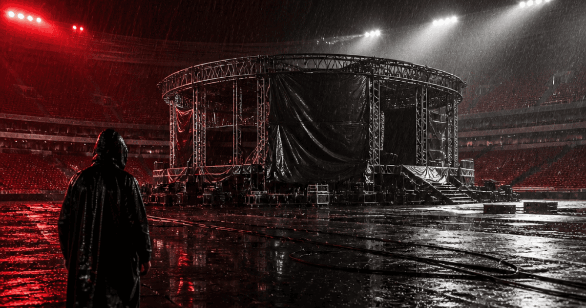 Empty stadium field under storm clouds at night after the Ye Almaty concert postponed announcement