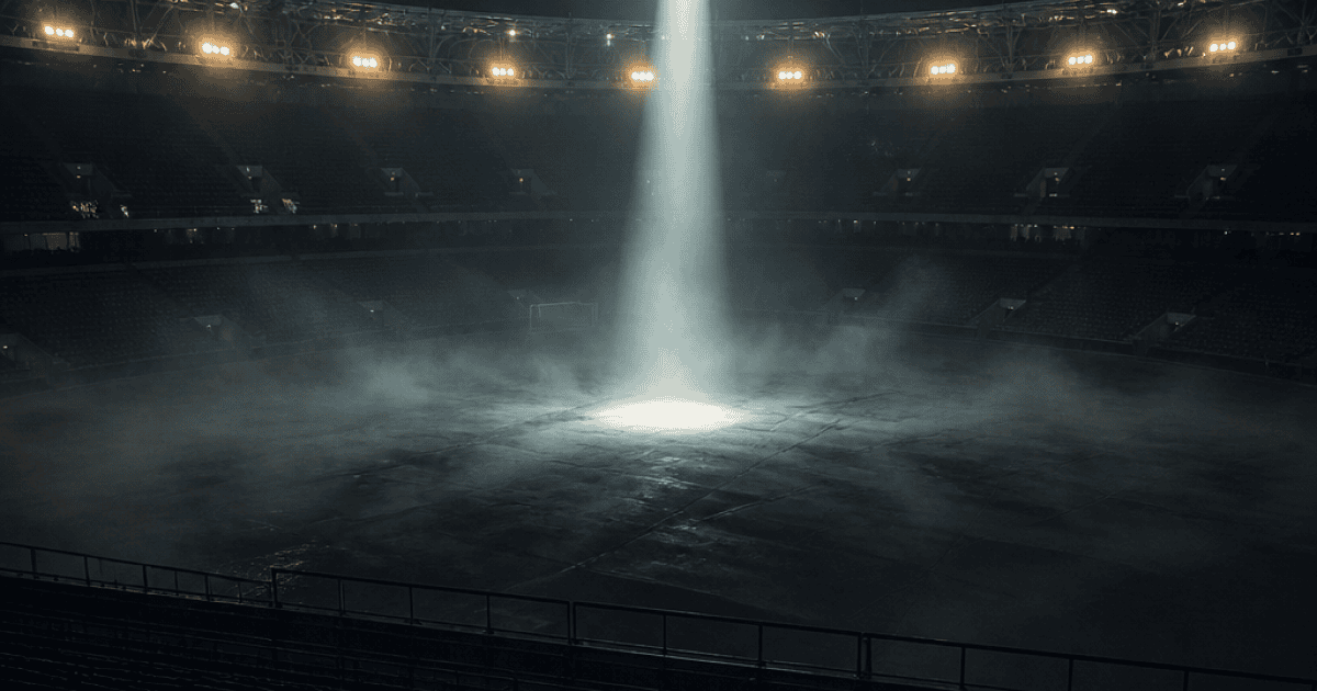 Spherical stadium stage glowing through fog, evoking the Kanye West St Petersburg concert staging at Gazprom Arena