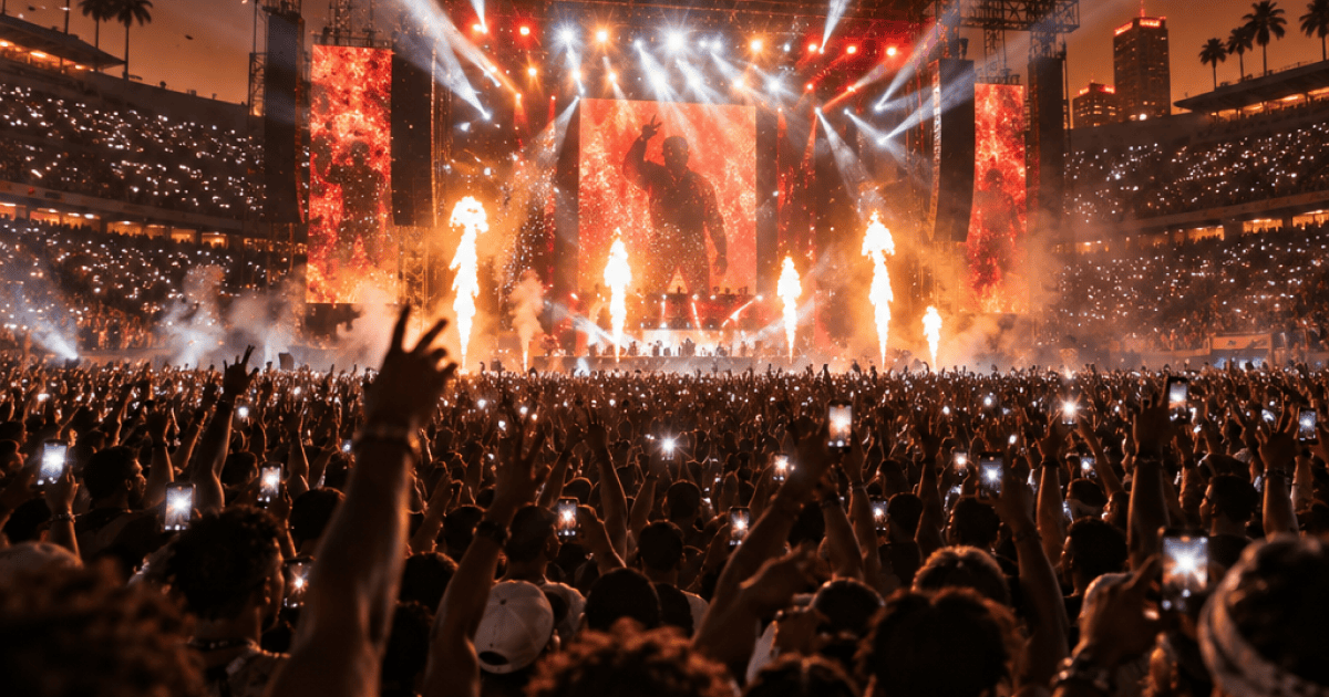 Crowd with raised hands and phone lights at a nighttime stadium hip-hop festival, facing a stage lit by red and amber lights, white strobes and pyrotechnic flames