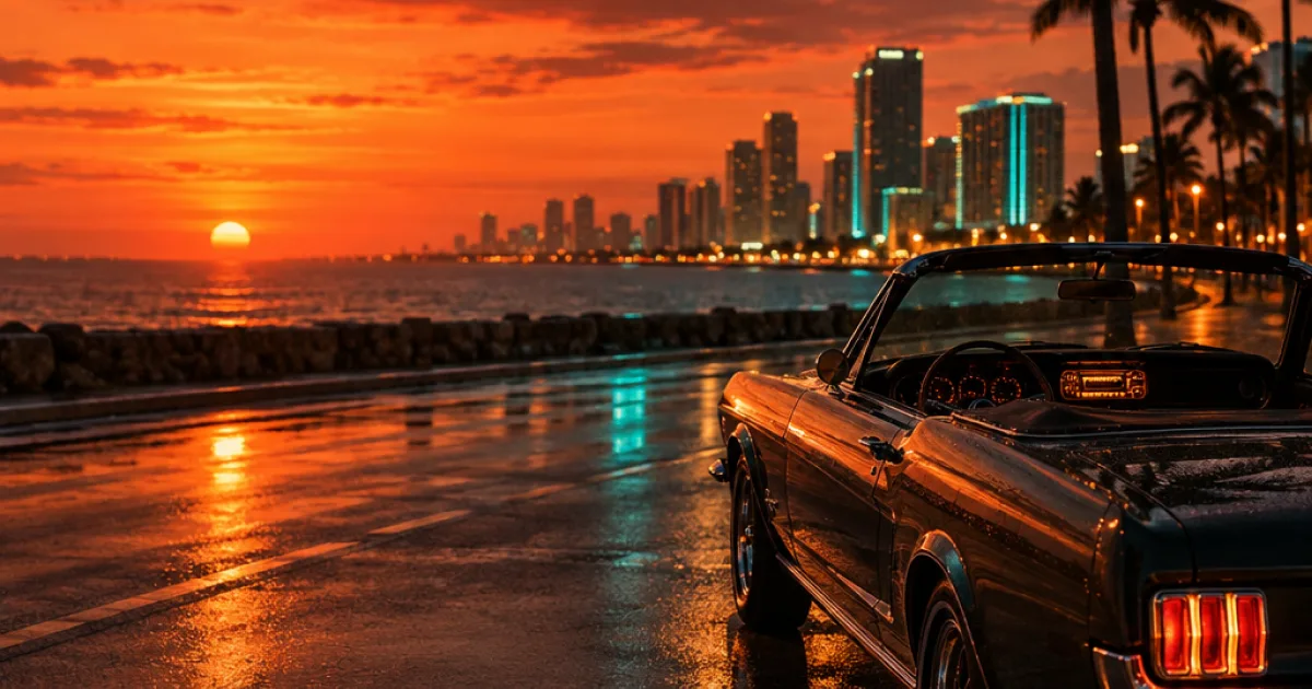 Neon-lit Vice City highway at dusk representing the rumored Travis Scott GTA 6 radio station