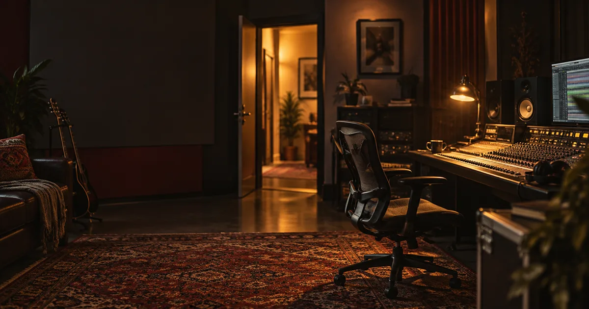 Ferg album announcement illustrated by an empty recording studio with a mixing desk and an open doorway glowing with warm light