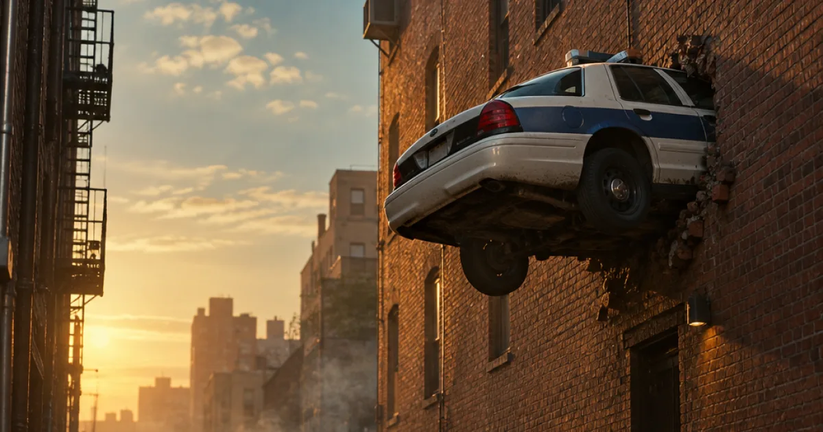 Police car wedged in a brick alley with the date 30 OCT 2026 painted on its side, a frame from A$AP Rocky's Shroom Clouds music video