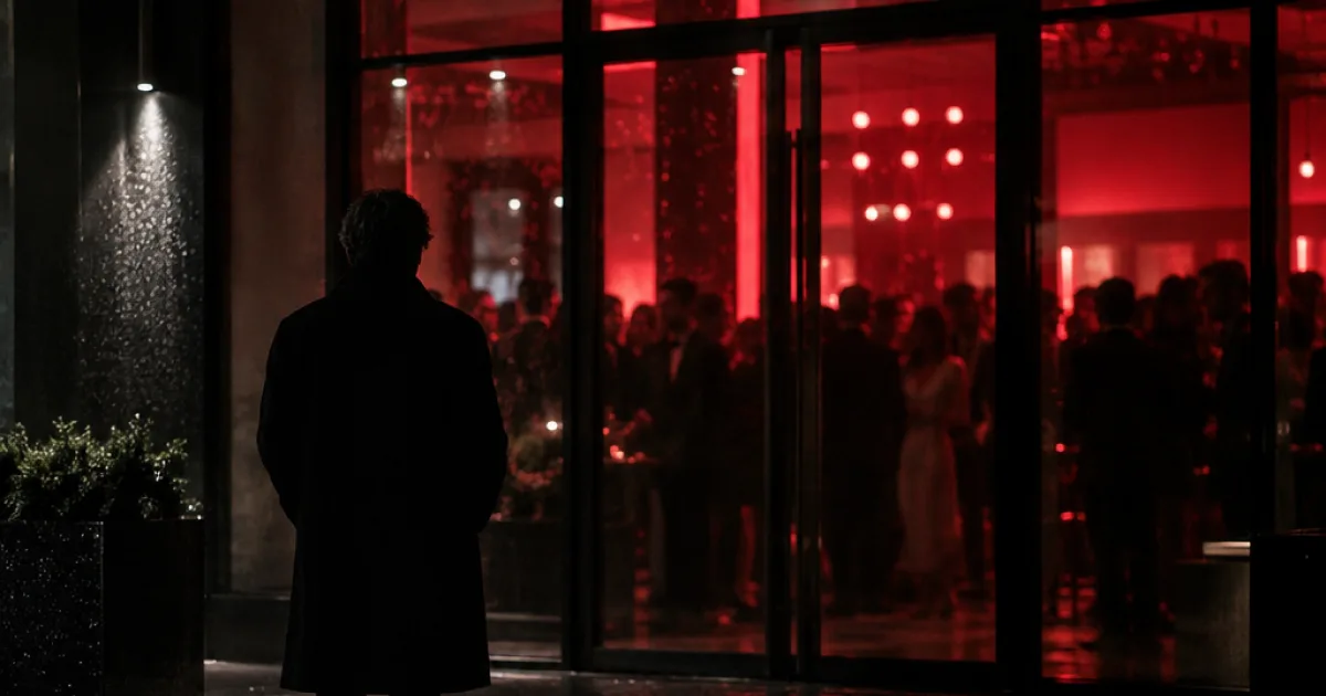 Drake FOMO concept image of a lone figure outside a glowing glass door at night