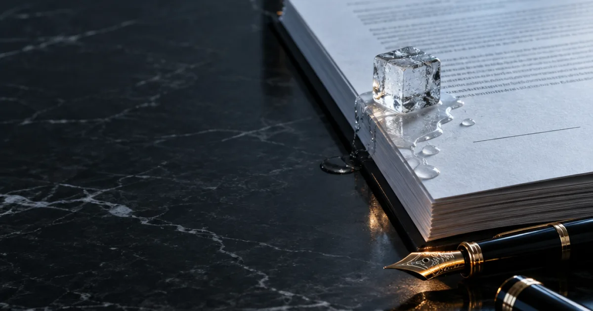 Drake record deal concept: an unsigned contract with a gold pen and a melting ice cube on a black marble desk