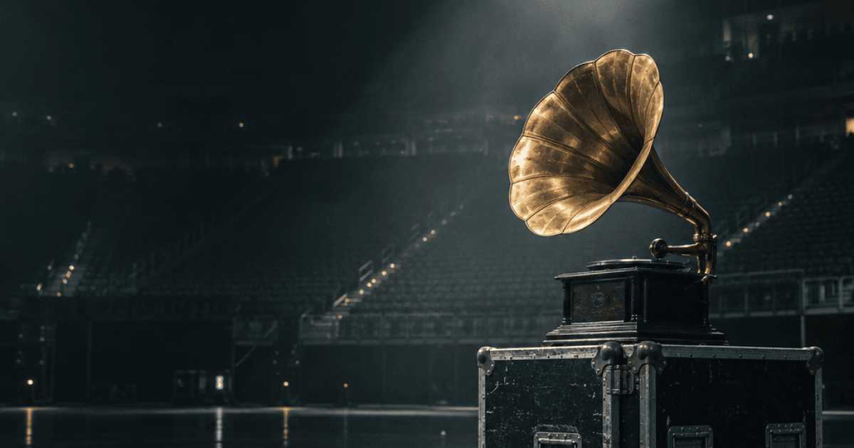 A lone brass gramophone horn spotlit on an empty stage, representing the 2027 Grammys rap race