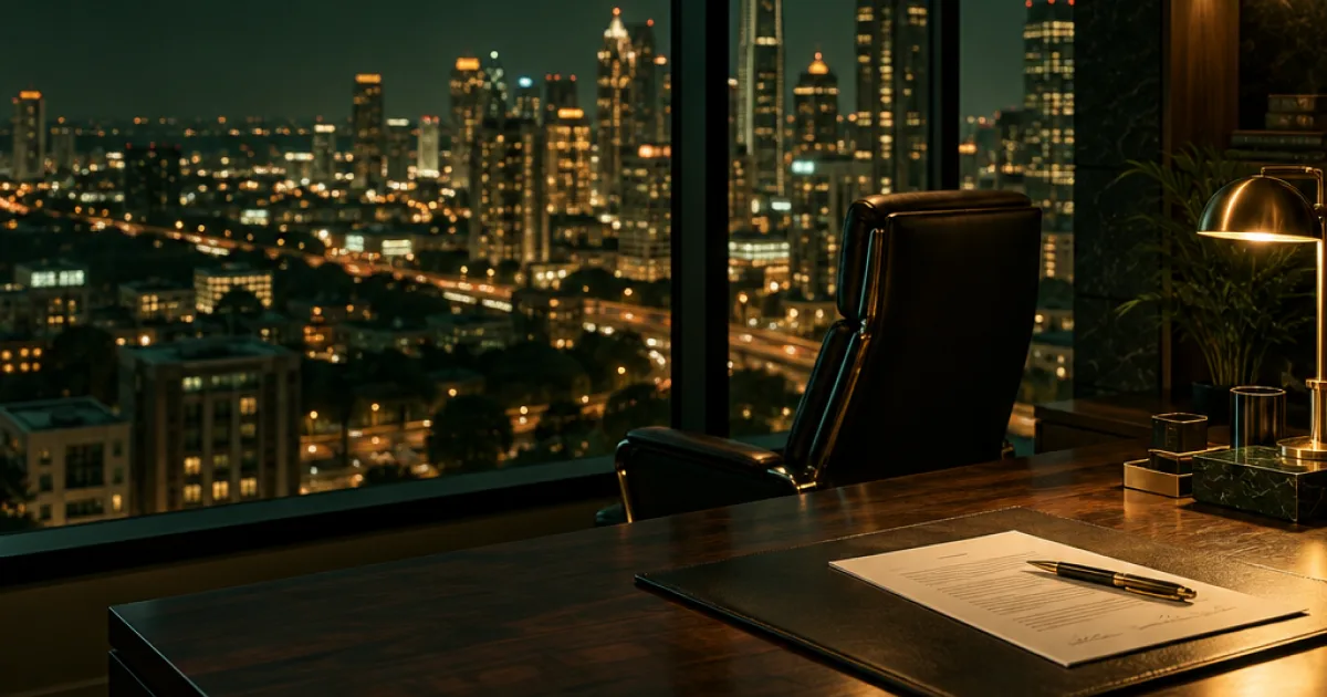Gunna SB the Label launch with Atlantic Music Group, symbolized by an empty executive office overlooking Atlanta at night