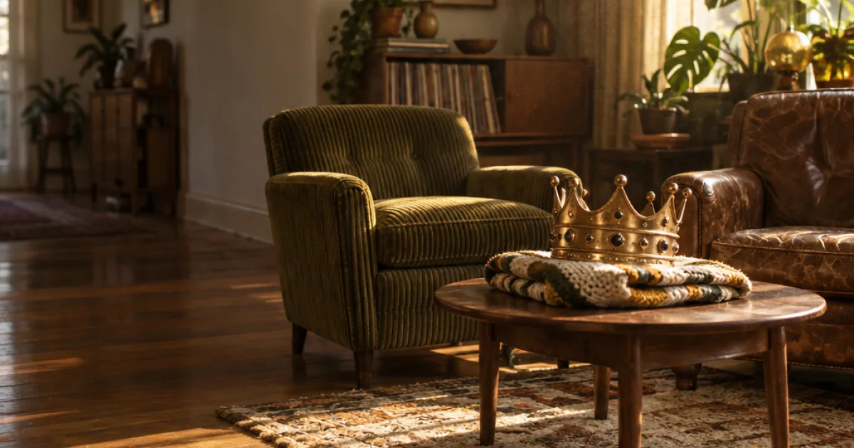 Heavy Is The Crown concept image, a heavy crown resting between two empty chairs