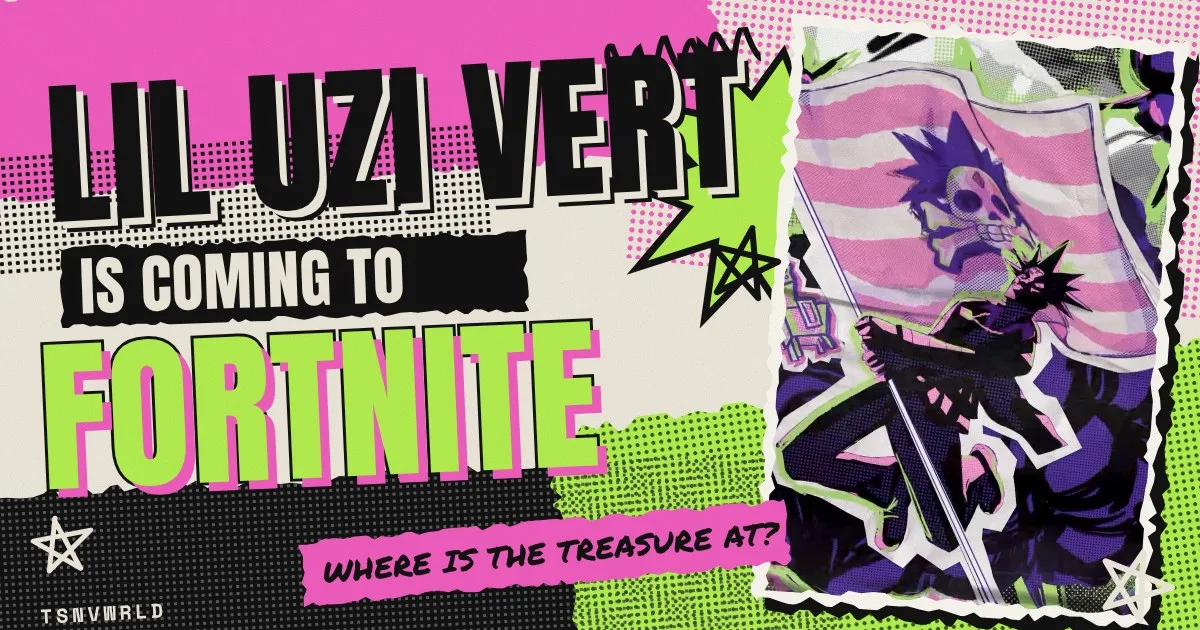 Lil Uzi Vert Fortnite skin teaser collage with a pink skull flag in hot pink and acid green