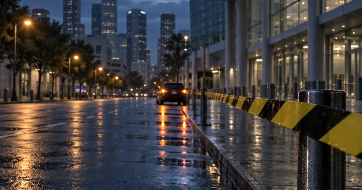 Empty Los Angeles street at blue hour with yellow barrier tape, illustrating the Lucki ComplexCon attack investigation