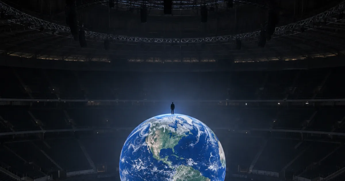 Ye Russia concerts cancelled: a lone silhouette on a lit globe stage in an empty, dark stadium